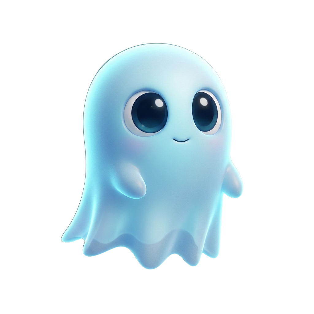 Little Haunt, a glowing cartoon ghost, floating happily